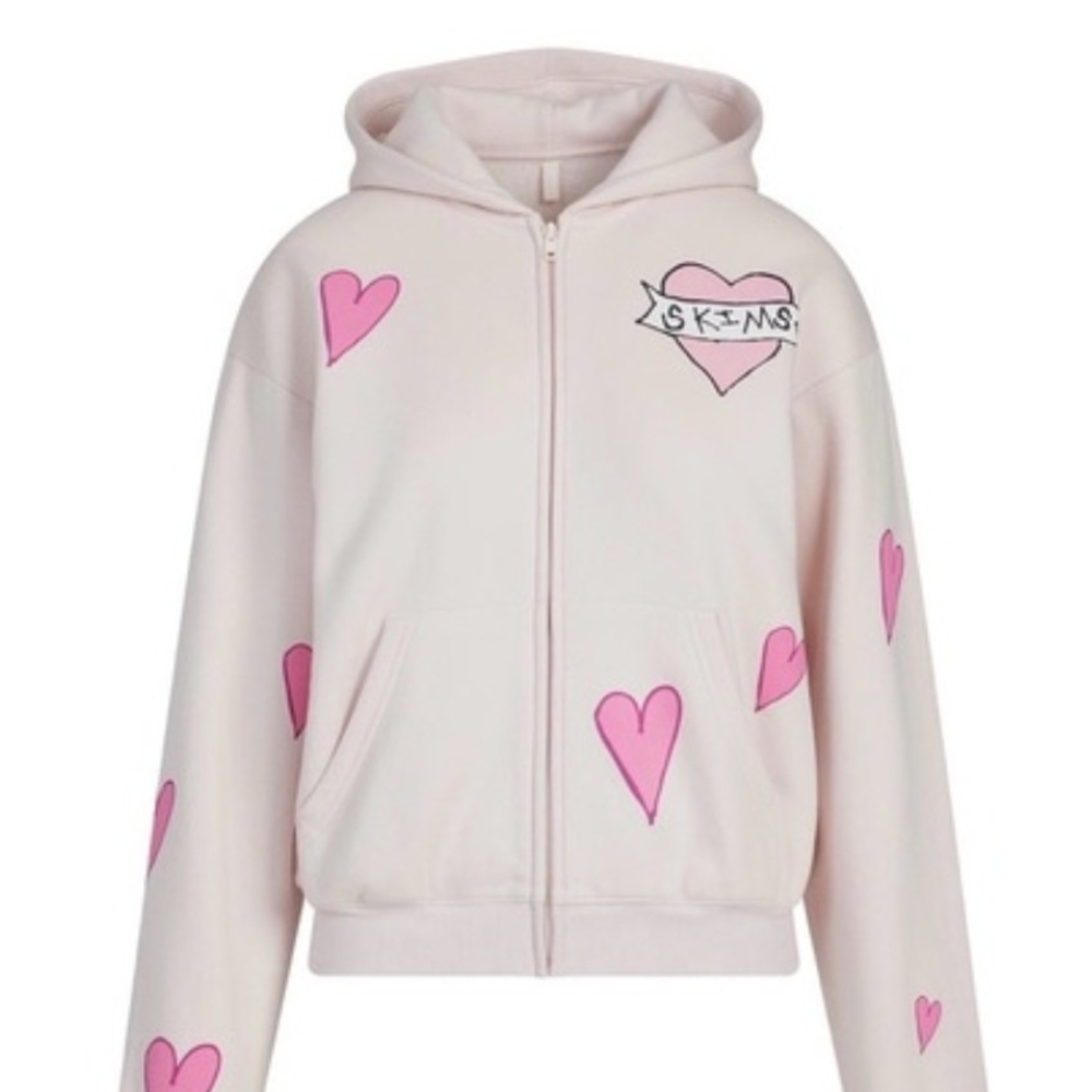 SKIMS Cream Hoodie Valentine's Edition with Pink Hearts Sold Out Size Large New
